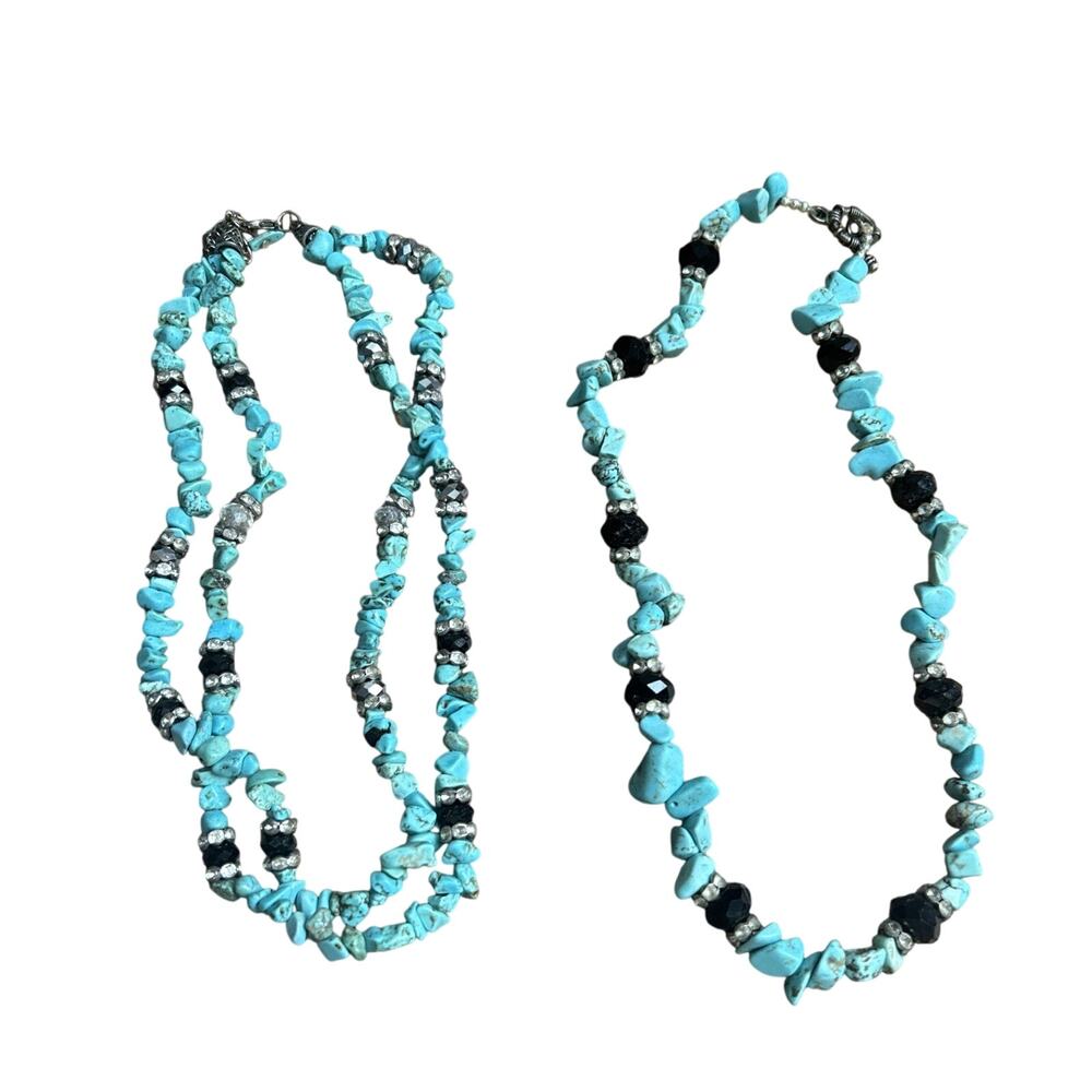 Faux Turquoise Howlite Chip 17” Lot of Two Strand & One Strand Beach Necklaces.